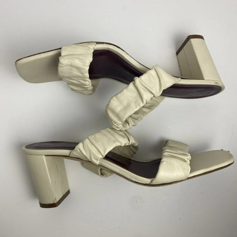 Staud Womens Size 37 Frankie Ruched‎ Leather Mules Block Heel Strap Sandal Ivory